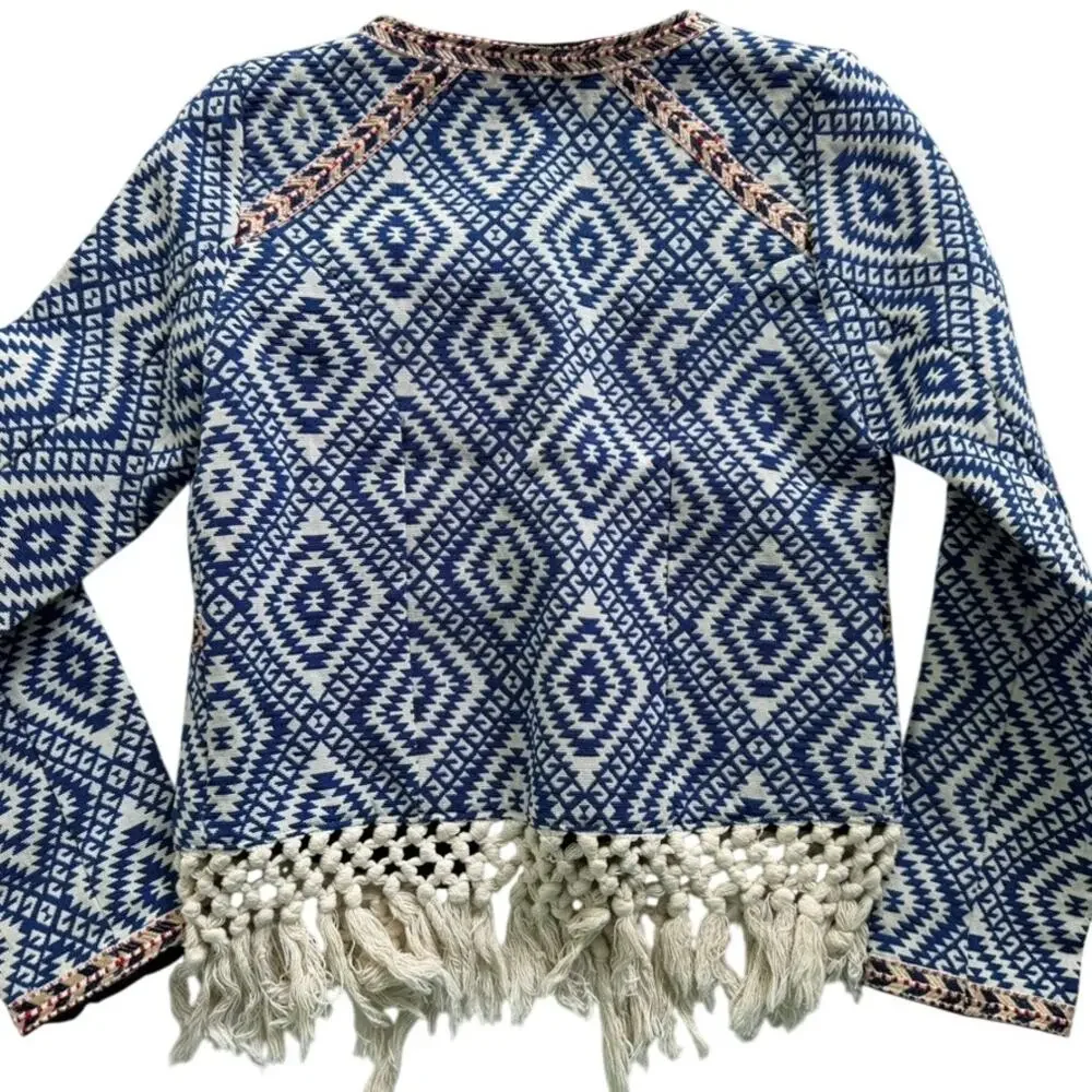Tularosa Revolve Sante Fe Tapestry Jacket Fringe Diamondback Blue Cream Sz Small